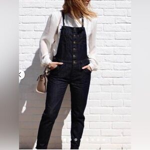 Wrap London Indigo Denim Button Front Overalls Frayed Hem Like New, Size US 2